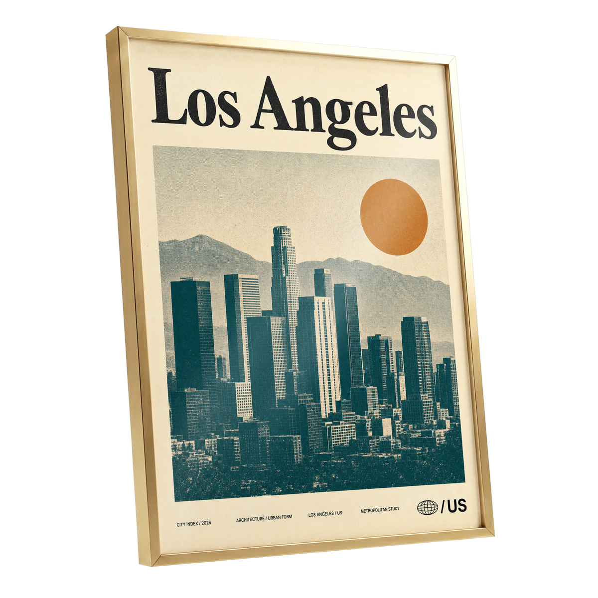 Los Angeles City Index, beige, green, orange minimalist wall art shown as a gold framed poster wall art print