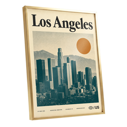 Los Angeles City Index, beige, green, orange minimalist wall art shown as a gold framed poster wall art print
