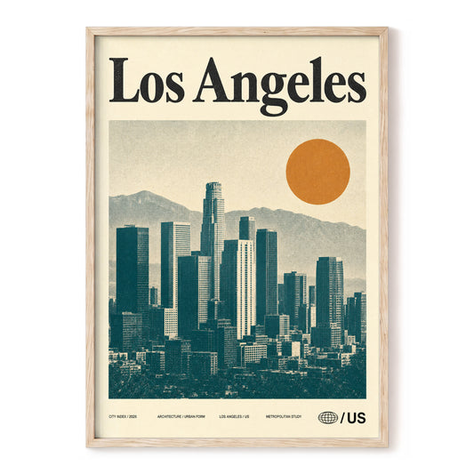 Los Angeles City Index, beige, green, orange minimalist wall art, front artwork view