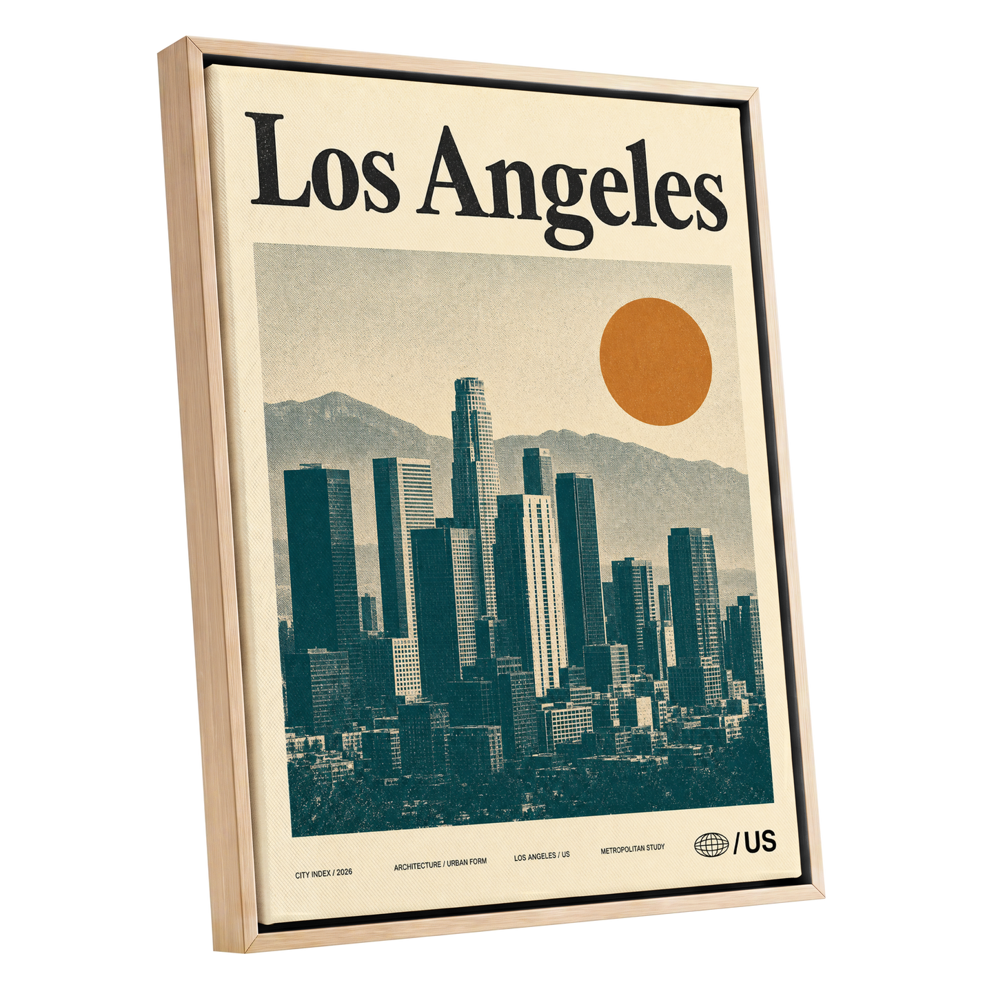 Los Angeles City Index, beige, green, orange minimalist wall art shown as a oak framed canvas wall art