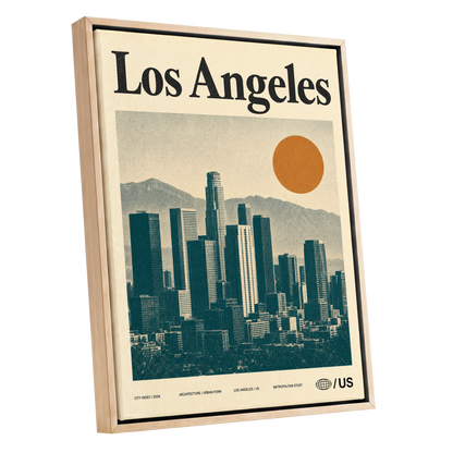 Los Angeles City Index, beige, green, orange minimalist wall art shown as a oak framed canvas wall art