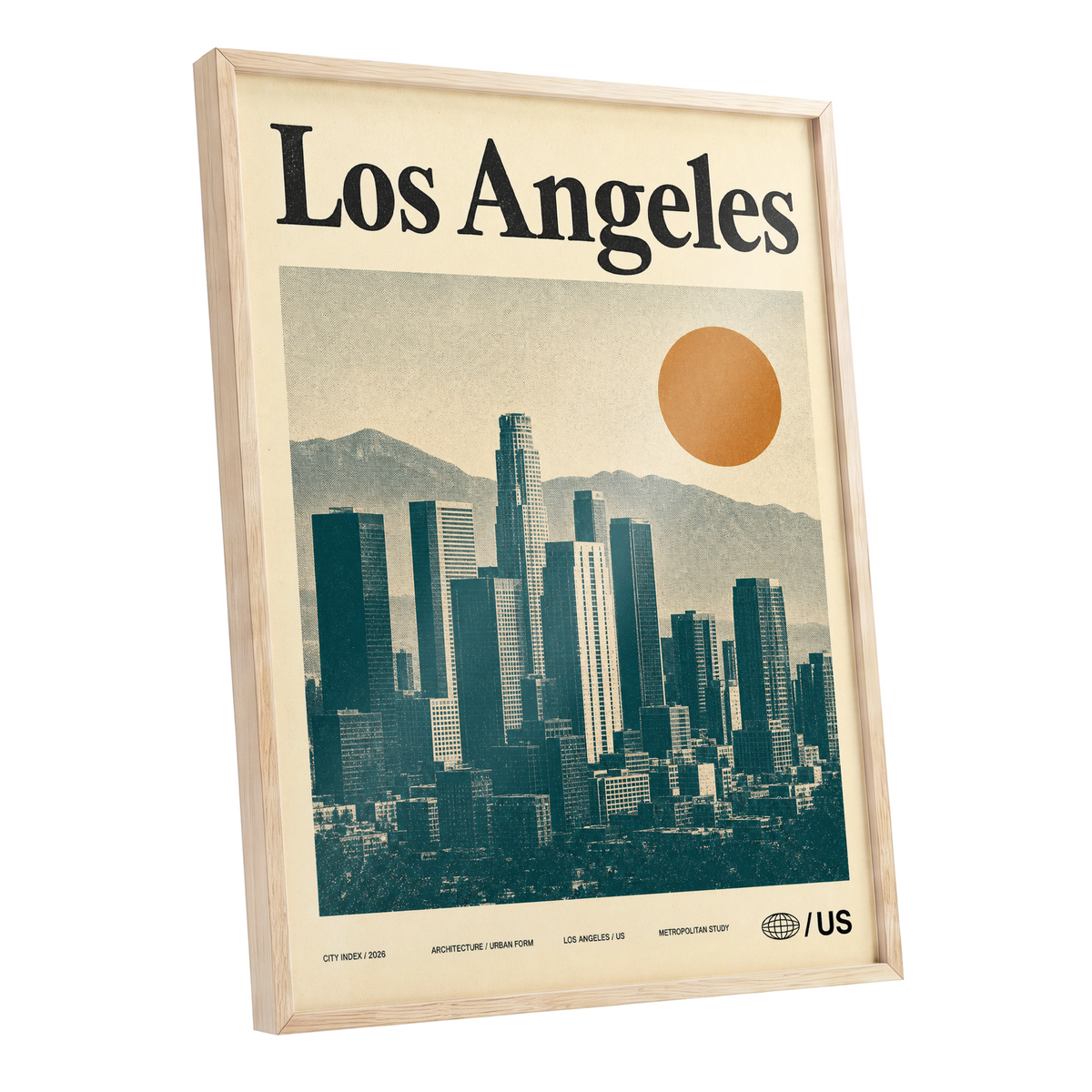 Los Angeles City Index, beige, green, orange minimalist wall art shown as a oak framed poster wall art print
