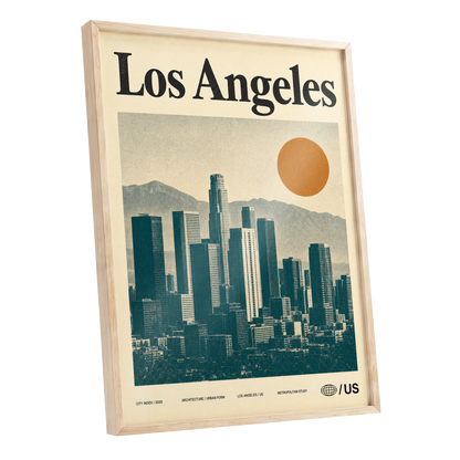 Los Angeles City Index, beige, green, orange minimalist wall art shown as a oak framed poster wall art print