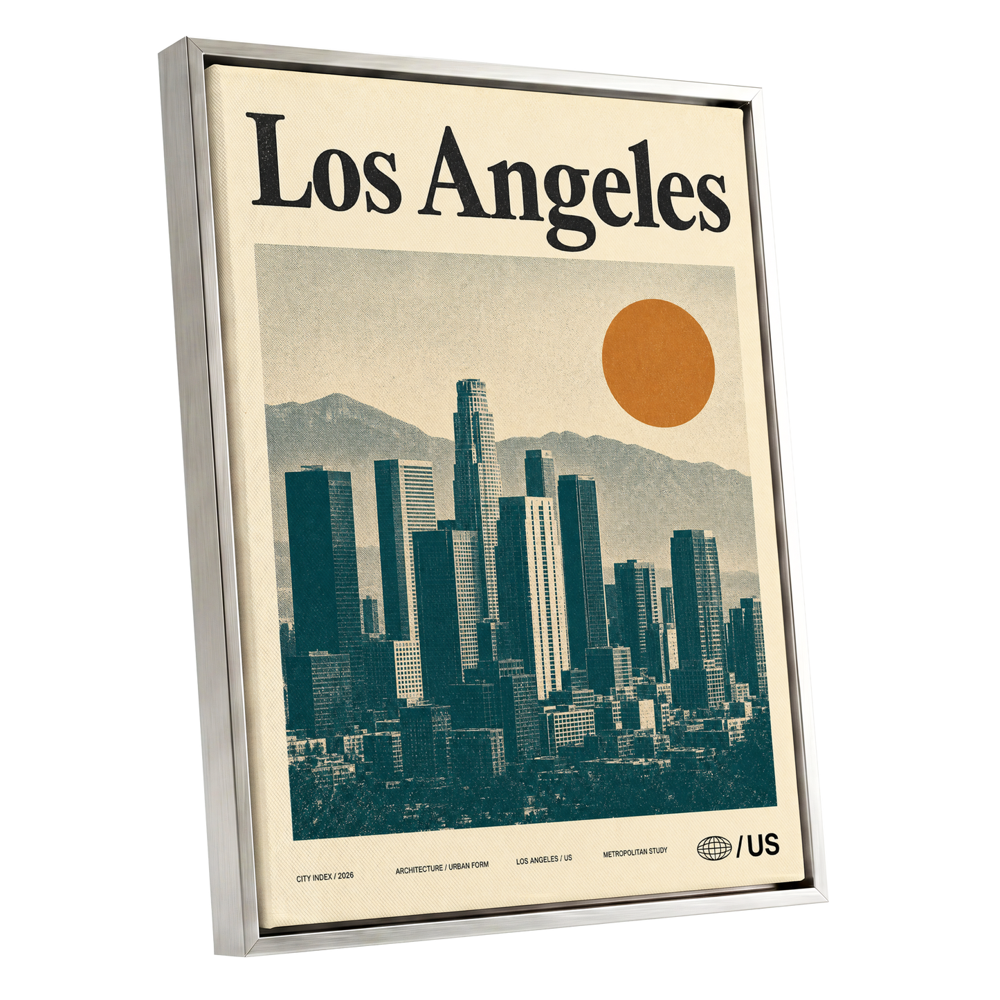 Los Angeles City Index, beige, green, orange minimalist wall art shown as a silver framed canvas wall art