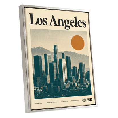Los Angeles City Index, beige, green, orange minimalist wall art shown as a silver framed canvas wall art