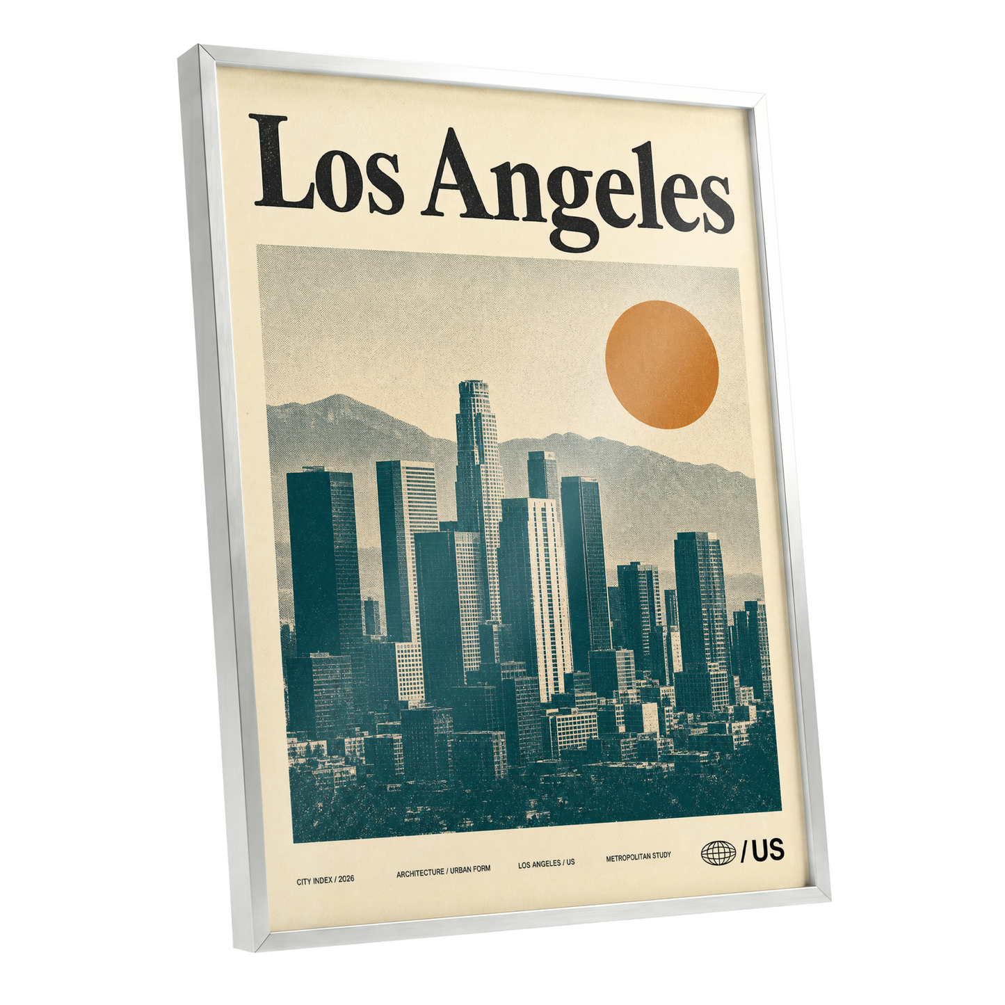 Los Angeles City Index, beige, green, orange minimalist wall art shown as a silver framed poster wall art print