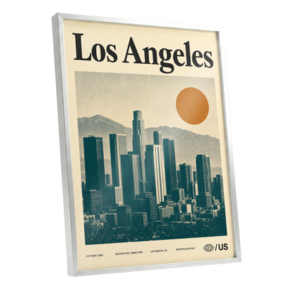 Los Angeles City Index, beige, green, orange minimalist wall art shown as a silver framed poster wall art print