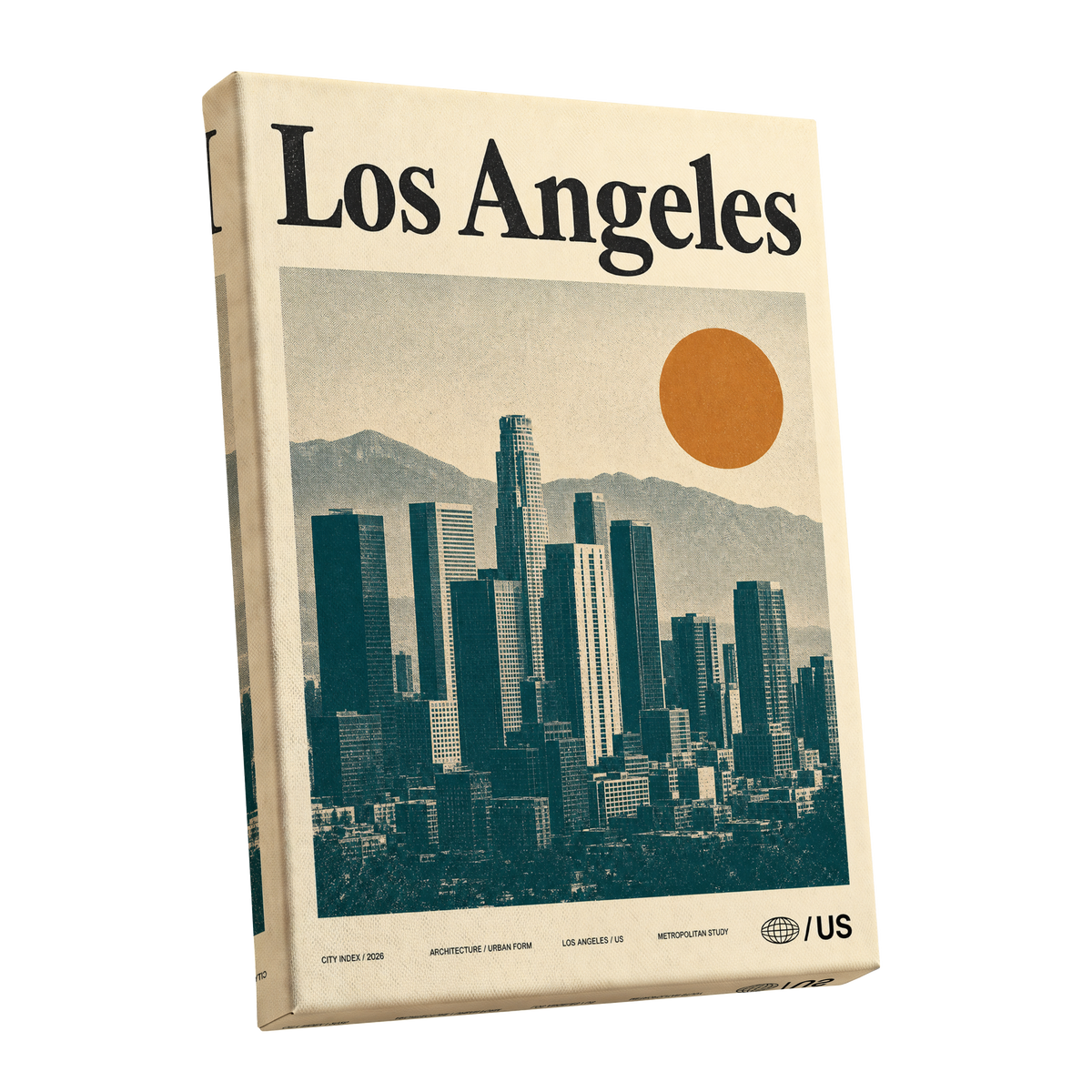 Los Angeles City Index, beige, green, orange minimalist wall art shown as a stretched canvas wall art