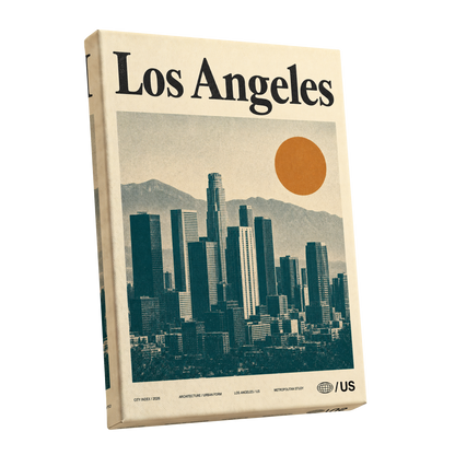 Los Angeles City Index, beige, green, orange minimalist wall art shown as a stretched canvas wall art