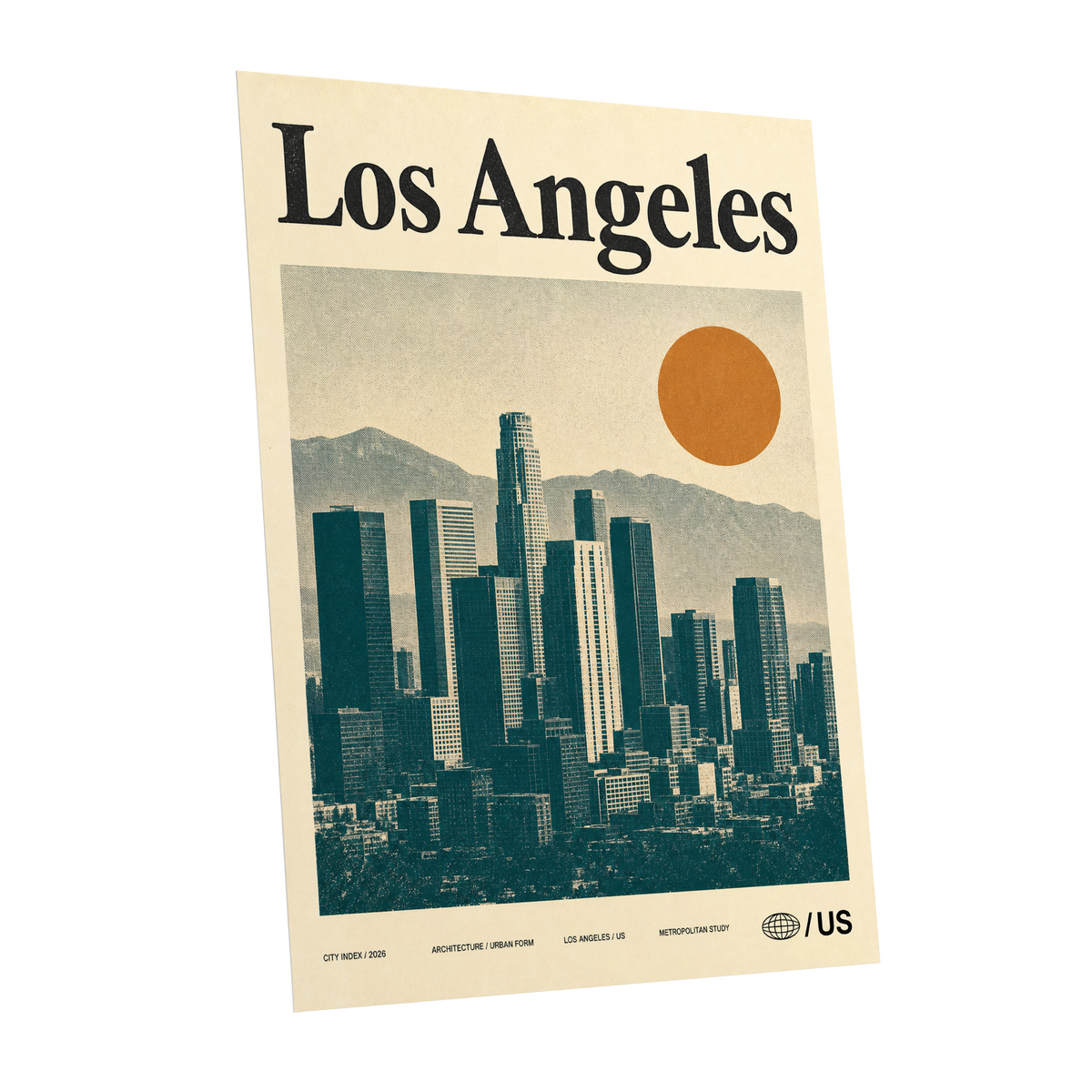 Los Angeles City Index, beige, green, orange minimalist wall art shown as a unframed poster wall art print