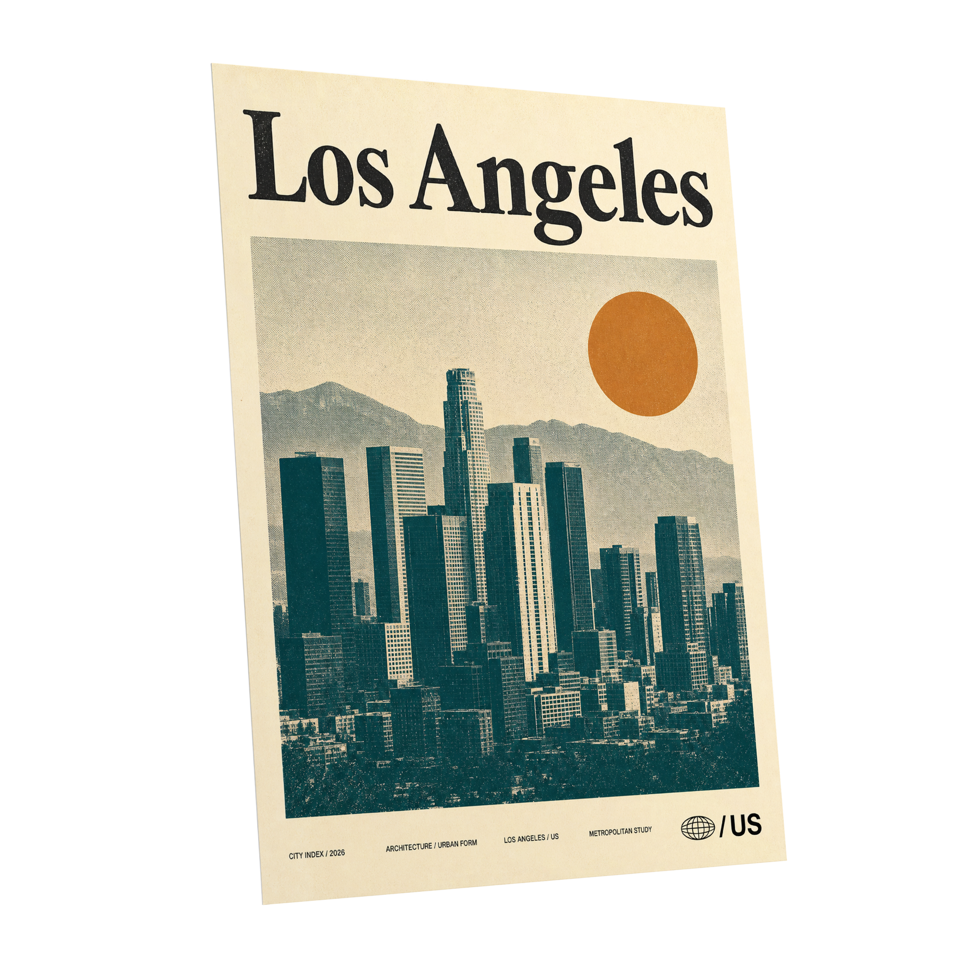 Los Angeles City Index, beige, green, orange minimalist wall art shown as a unframed poster wall art print