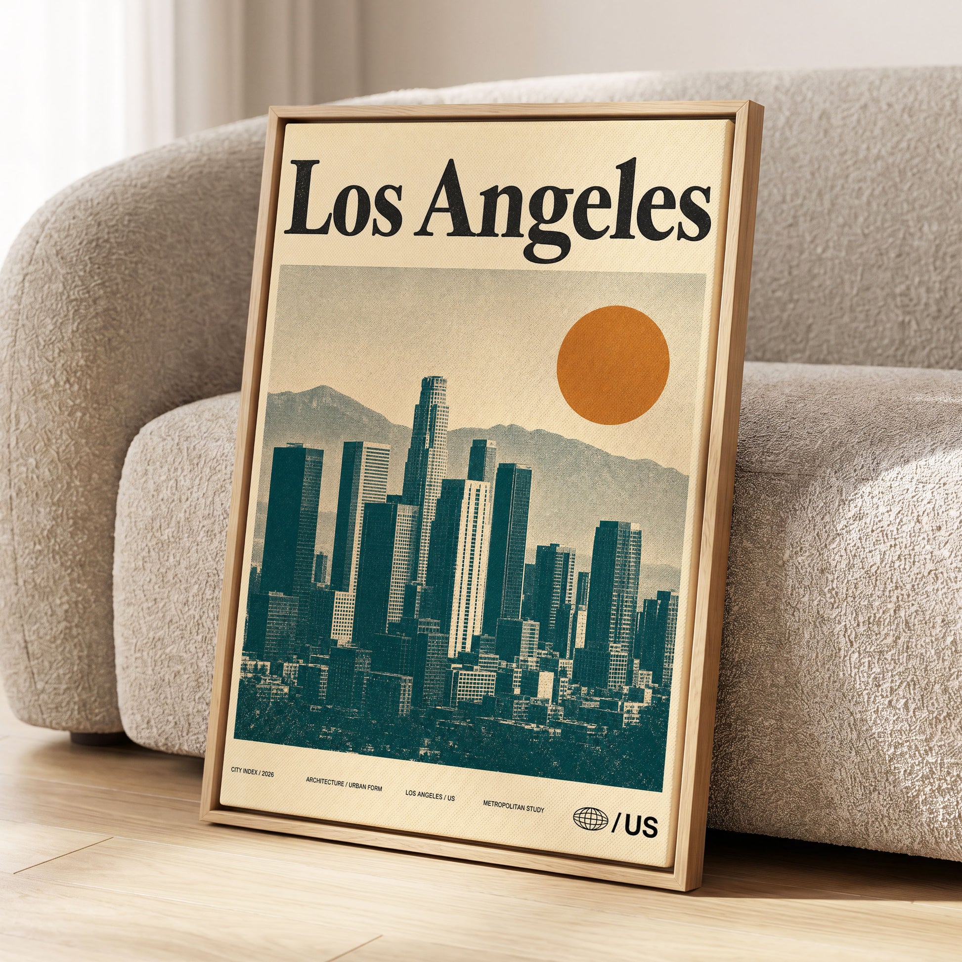 Los Angeles City Index, beige, green, orange minimalist wall art displayed in a styled interior, gallery view 1