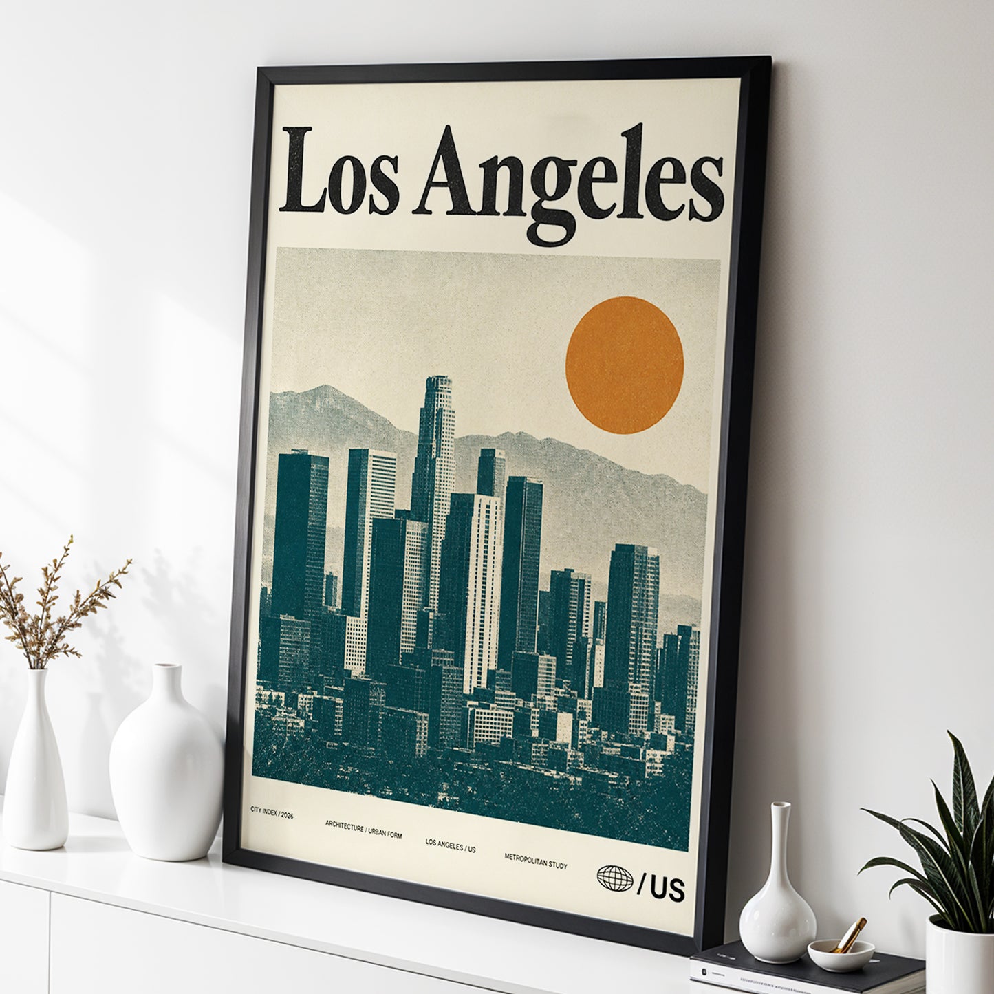 Los Angeles City Index, beige, green, orange minimalist wall art displayed in a styled interior, gallery view 2