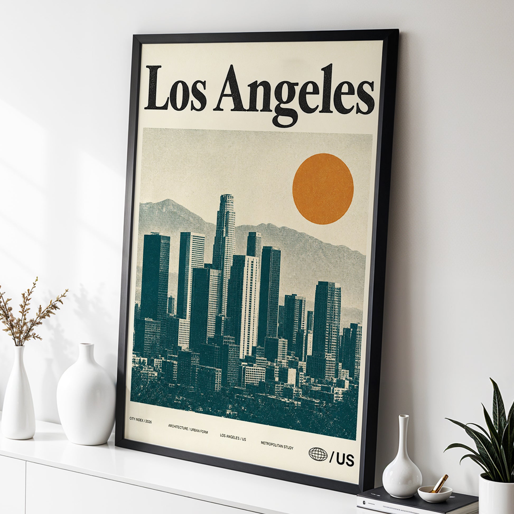 Los Angeles City Index, beige, green, orange minimalist wall art displayed in a styled interior, gallery view 2
