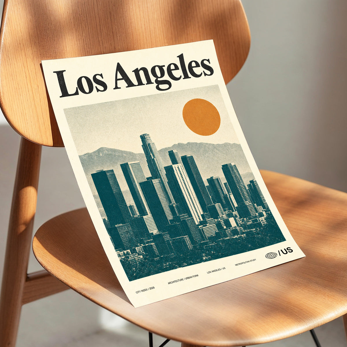 Los Angeles City Index, beige, green, orange minimalist wall art displayed in a styled interior, gallery view 3