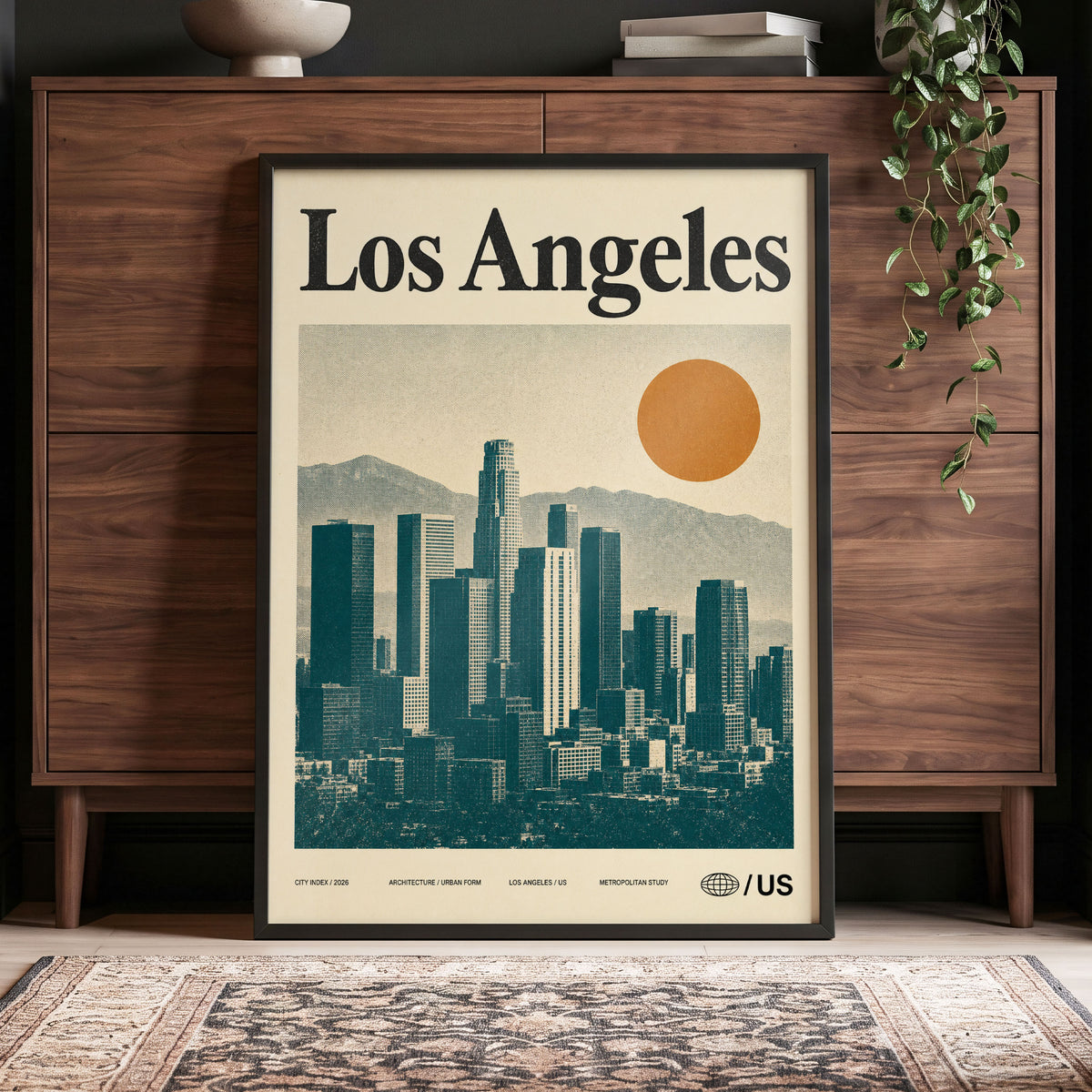 Los Angeles City Index, beige, green, orange minimalist wall art displayed in a styled interior, gallery view 4