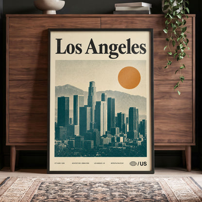 Los Angeles City Index, beige, green, orange minimalist wall art displayed in a styled interior, gallery view 4