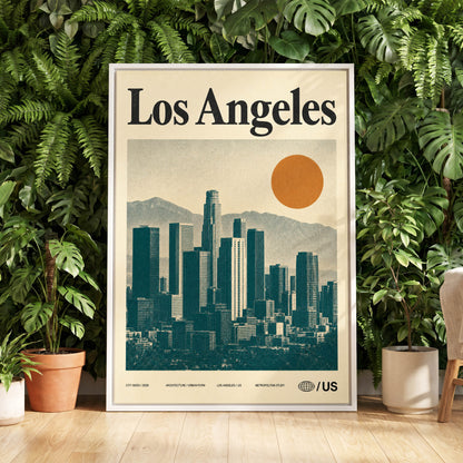 Los Angeles City Index, beige, green, orange minimalist wall art displayed in a styled interior, gallery view 5
