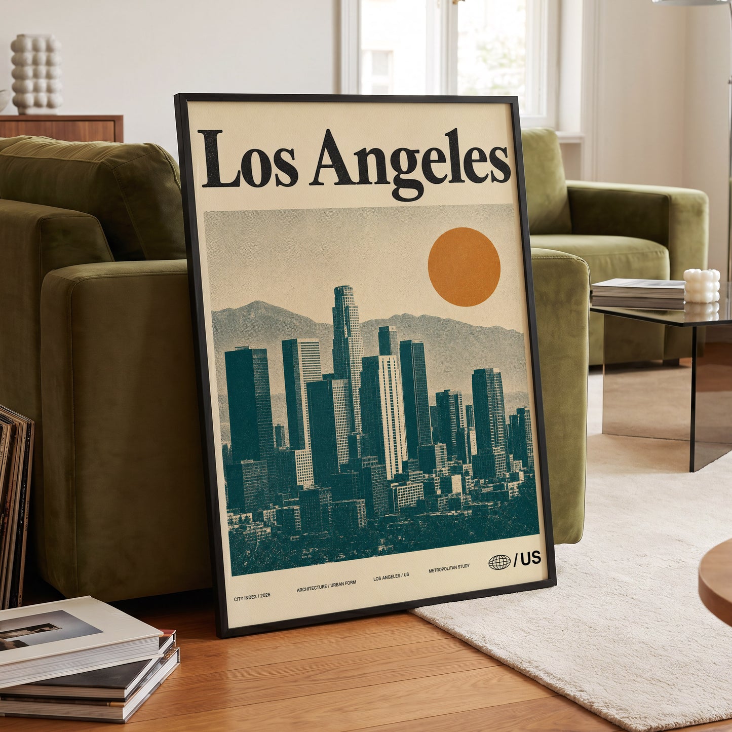 Los Angeles City Index, beige, green, orange minimalist wall art displayed in a styled interior, gallery view 6