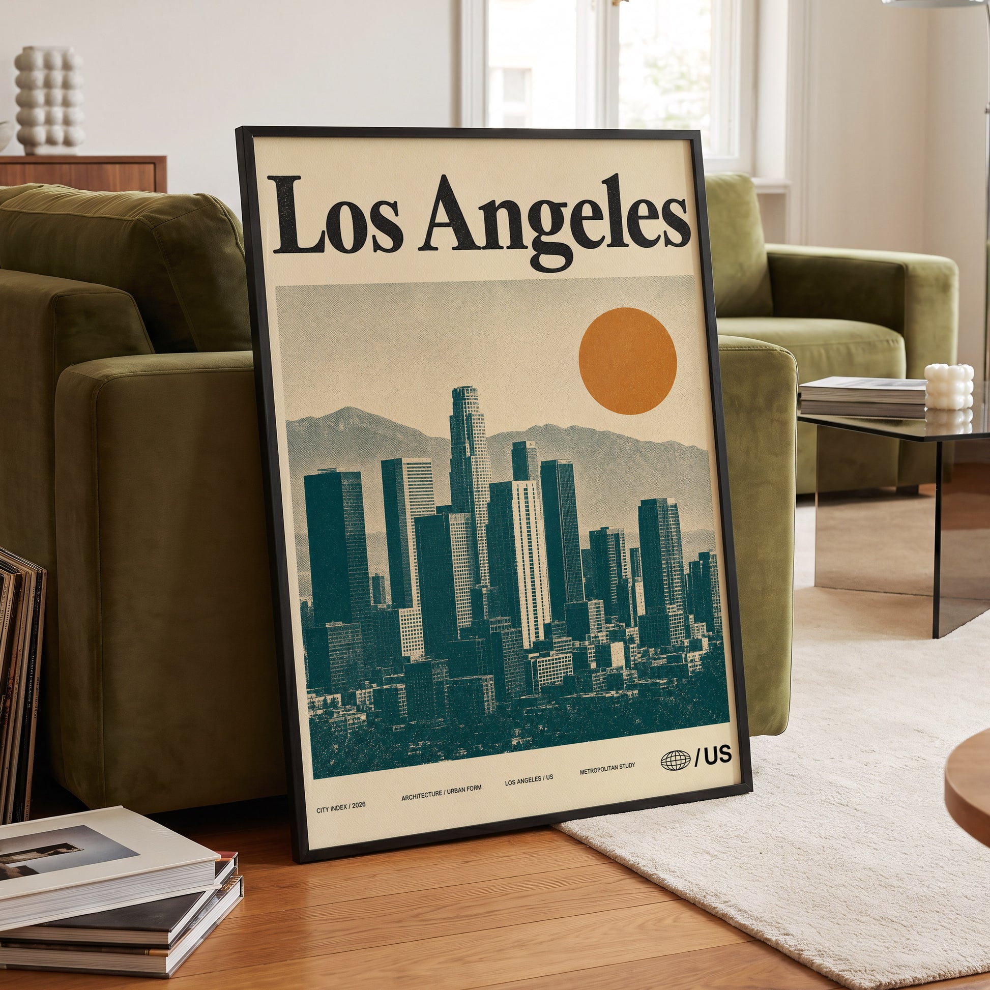 Los Angeles City Index, beige, green, orange minimalist wall art displayed in a styled interior, gallery view 6