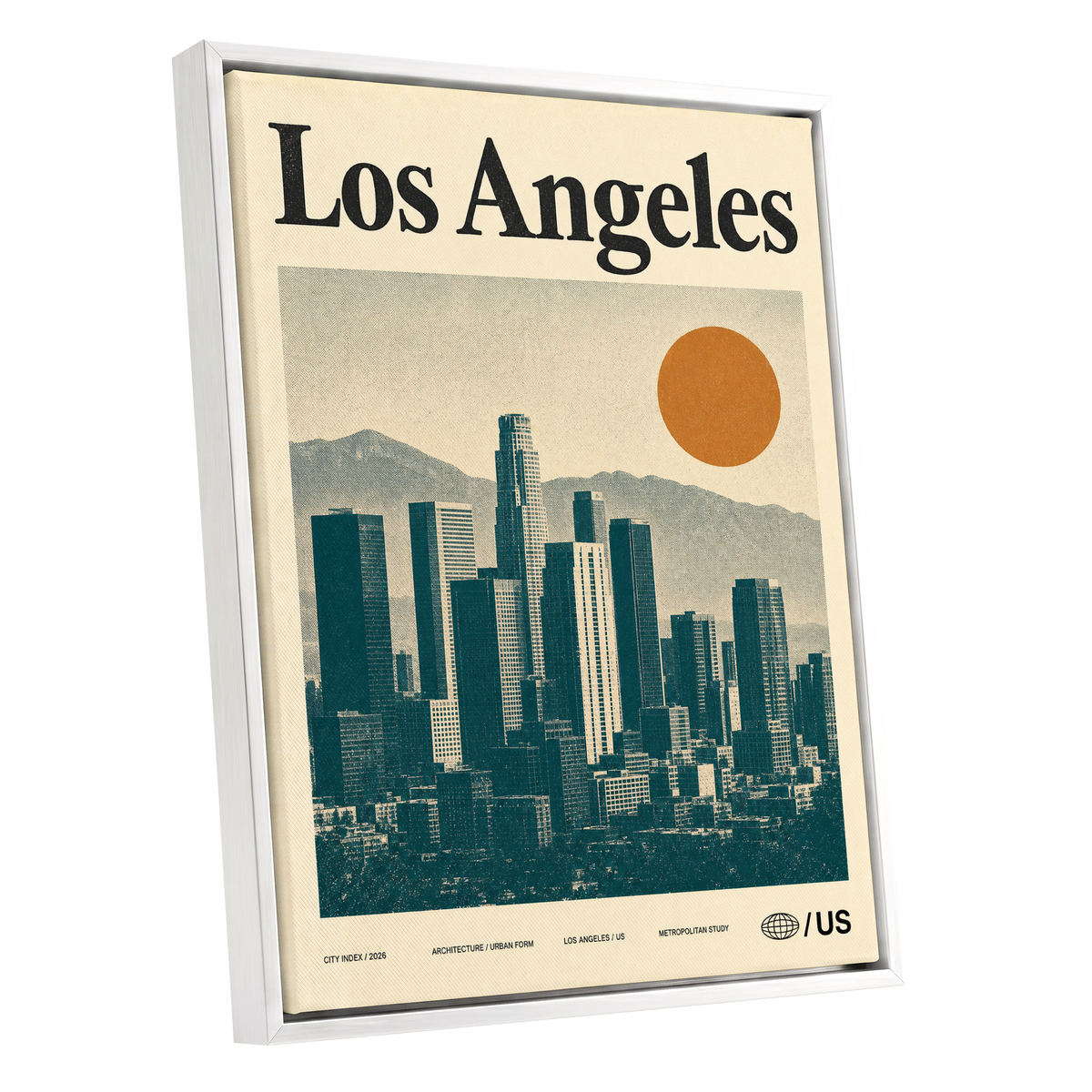 Los Angeles City Index, beige, green, orange minimalist wall art shown as a white framed canvas wall art