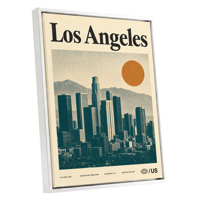 Los Angeles City Index, beige, green, orange minimalist wall art shown as a white framed canvas wall art