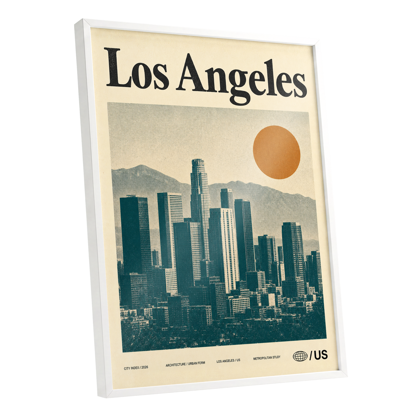 Los Angeles City Index, beige, green, orange minimalist wall art shown as a white framed poster wall art print