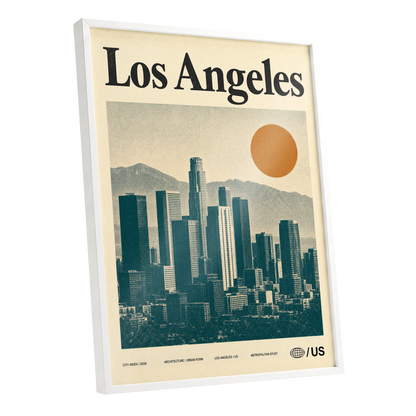 Los Angeles City Index, beige, green, orange minimalist wall art shown as a white framed poster wall art print