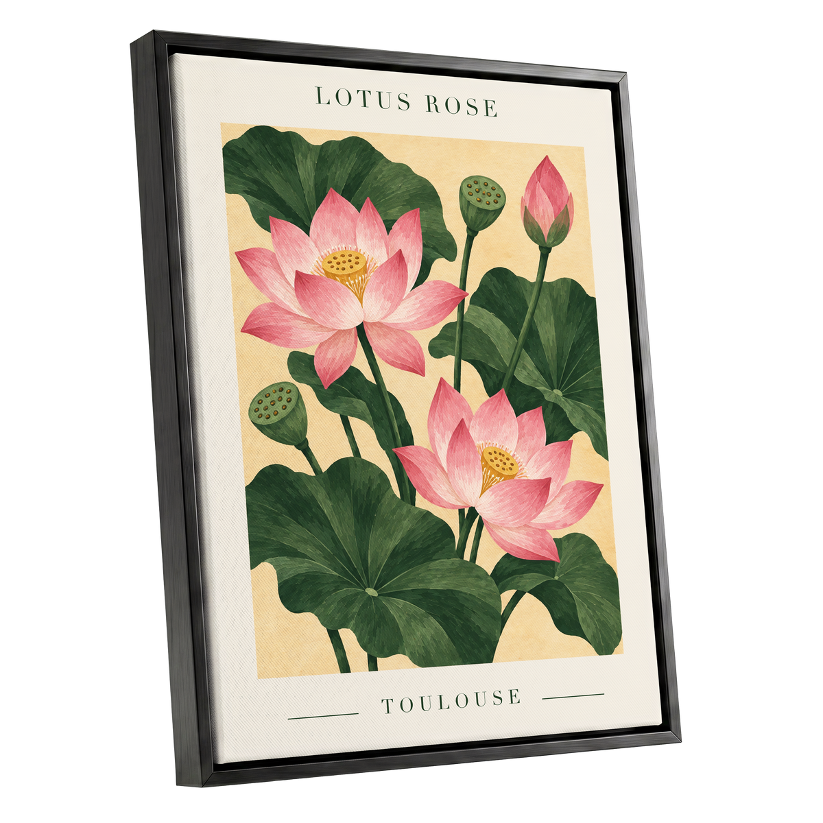 Lotus in Blush, pink, green, beige floral wall art shown as a black framed canvas wall art