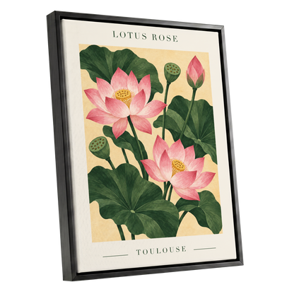Lotus in Blush, pink, green, beige floral wall art shown as a black framed canvas wall art