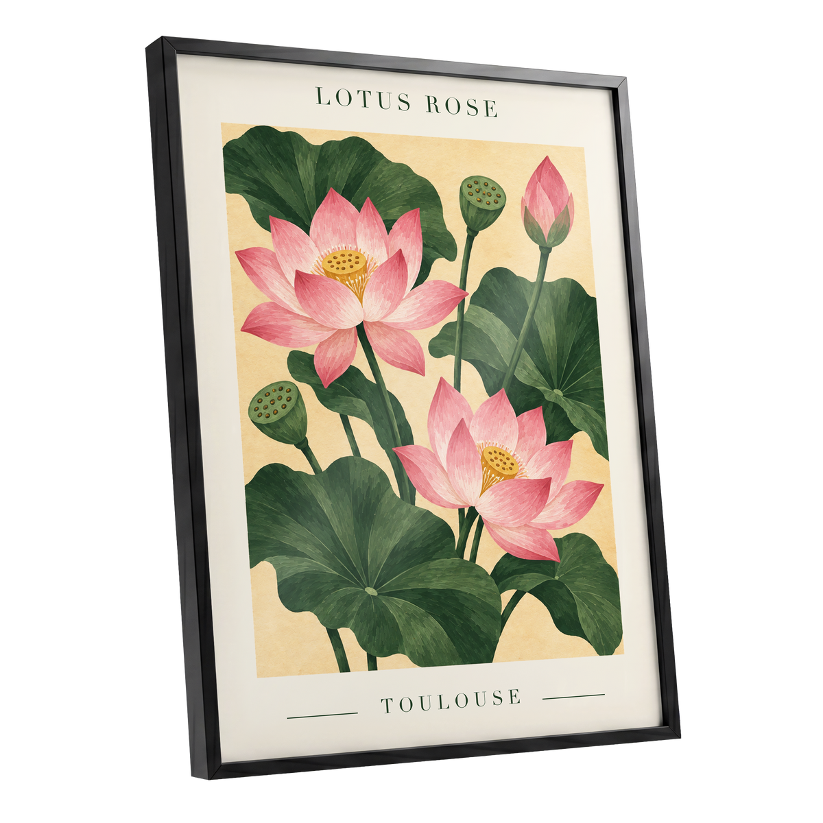 Lotus in Blush, pink, green, beige floral wall art shown as a black framed poster wall art print