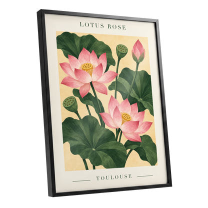 Lotus in Blush, pink, green, beige floral wall art shown as a black framed poster wall art print