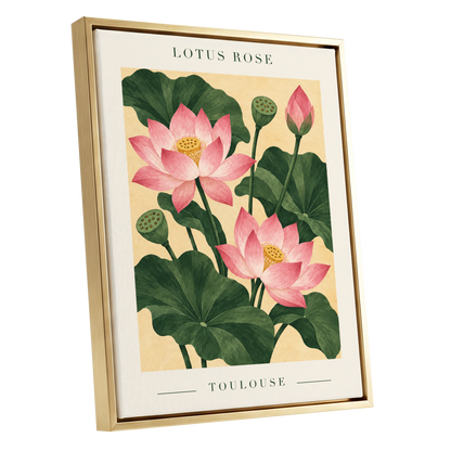 Lotus in Blush, pink, green, beige floral wall art shown as a gold framed canvas wall art