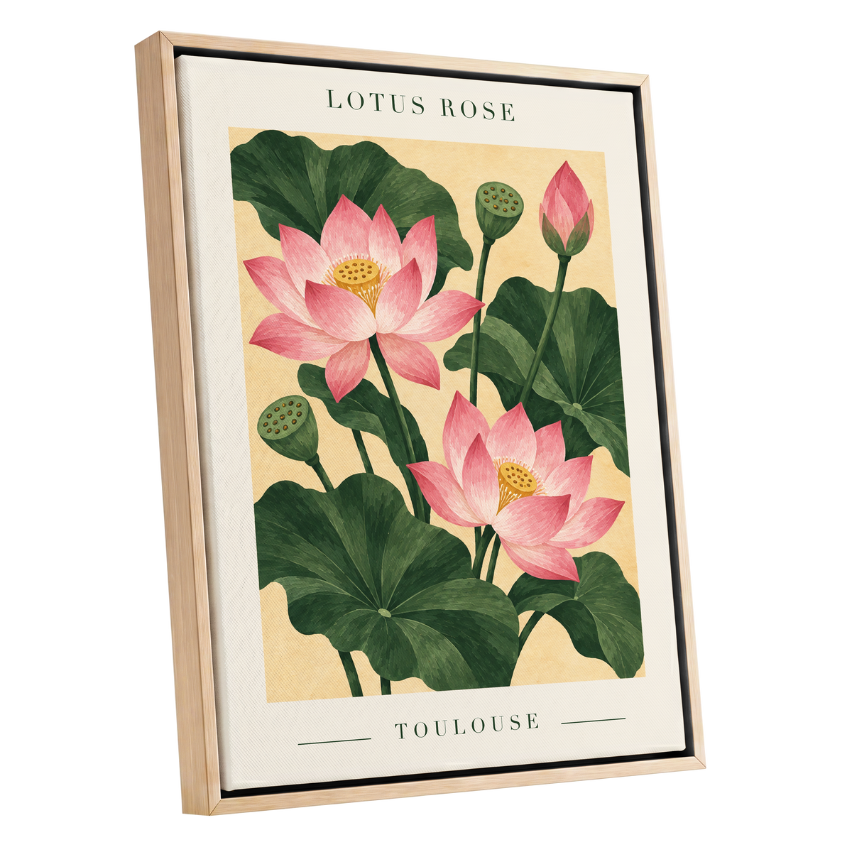 Lotus in Blush, pink, green, beige floral wall art shown as a oak framed canvas wall art
