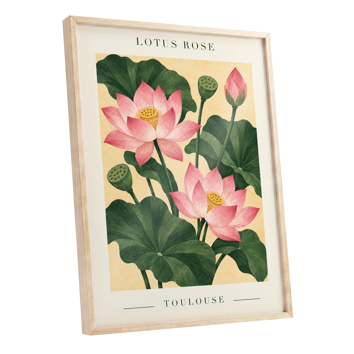 Lotus in Blush, pink, green, beige floral wall art shown as a oak framed poster wall art print