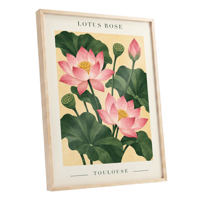 Lotus in Blush, pink, green, beige floral wall art shown as a oak framed poster wall art print