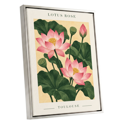 Lotus in Blush, pink, green, beige floral wall art shown as a silver framed canvas wall art
