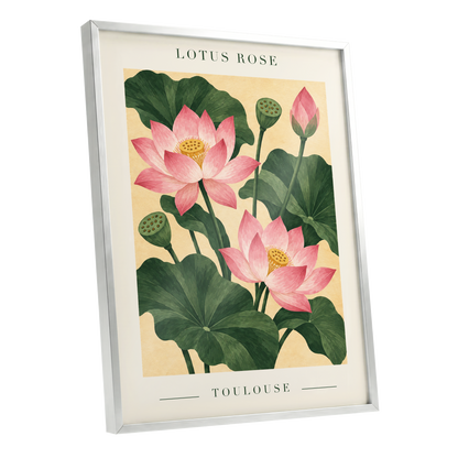 Lotus in Blush, pink, green, beige floral wall art shown as a silver framed poster wall art print