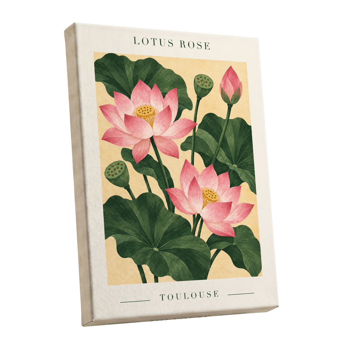 Lotus in Blush, pink, green, beige floral wall art shown as a stretched canvas wall art