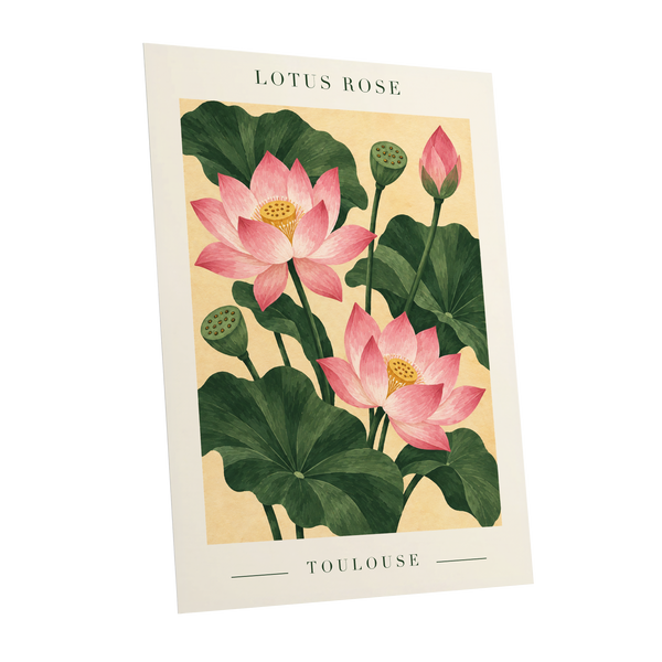 Lotus in Blush, pink, green, beige floral wall art shown as a unframed poster wall art print