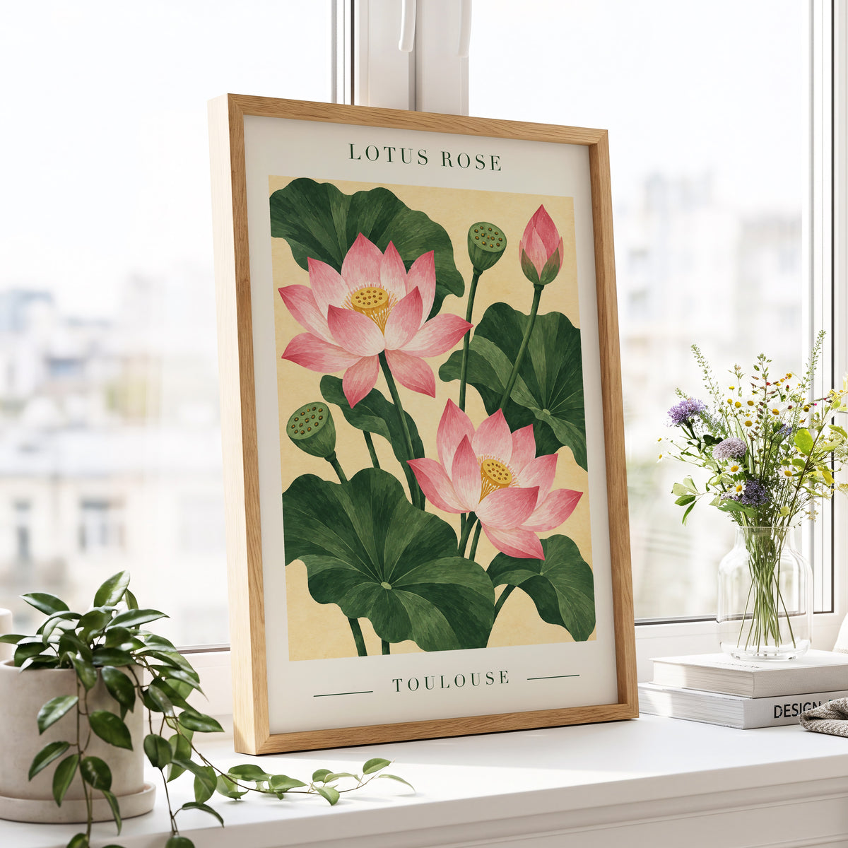 Lotus in Blush, pink, green, beige floral wall art displayed in a styled interior, gallery view 2