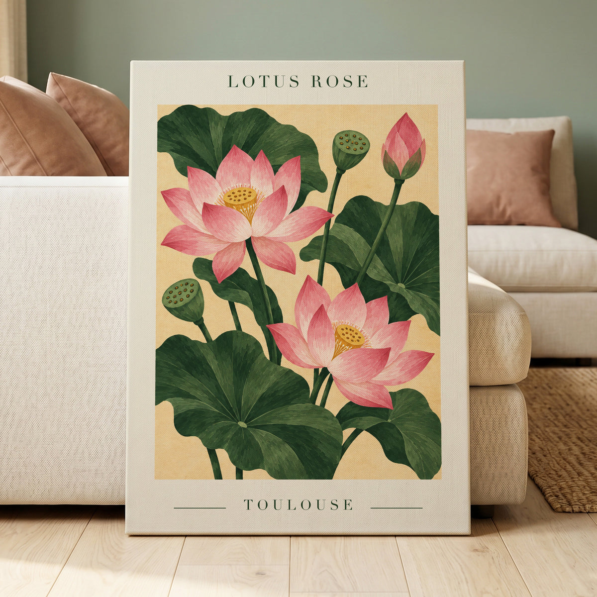 Lotus in Blush, pink, green, beige floral wall art displayed in a styled interior, gallery view 3