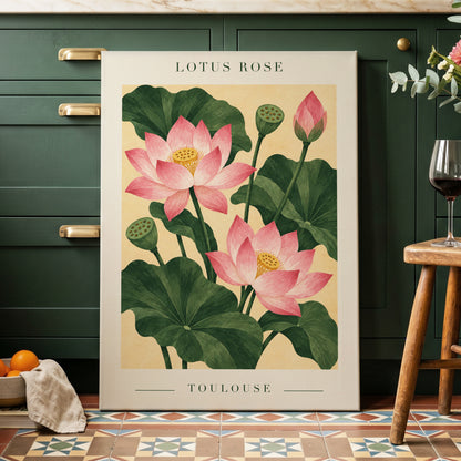 Lotus in Blush, pink, green, beige floral wall art displayed in a styled interior, gallery view 7