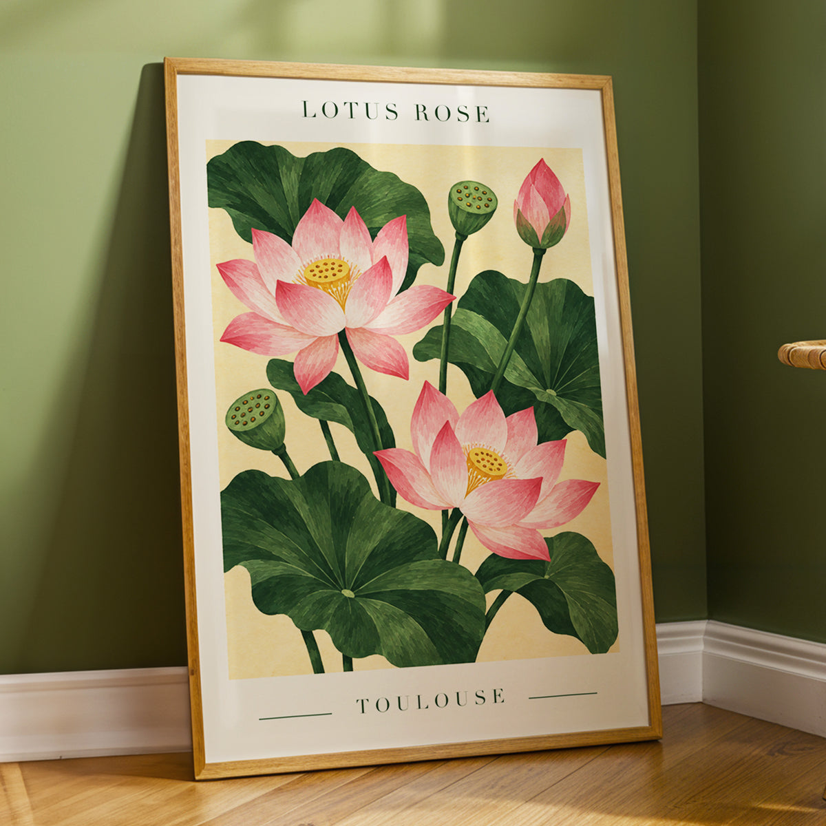 Lotus in Blush, pink, green, beige floral wall art displayed in a styled interior, gallery view 9