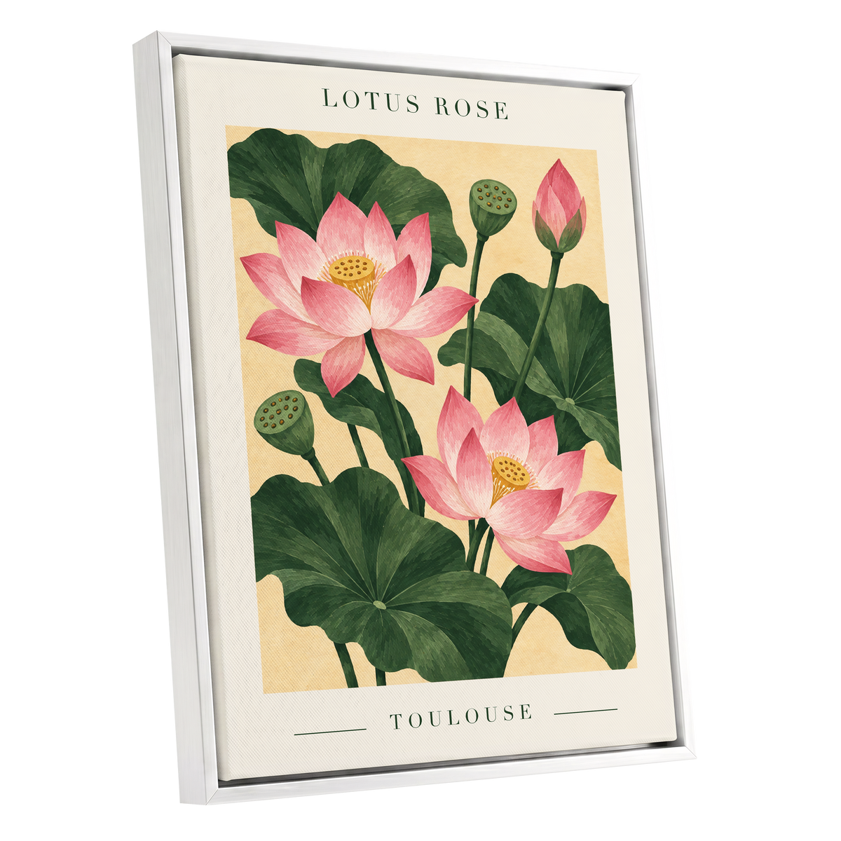 Lotus in Blush, pink, green, beige floral wall art shown as a white framed canvas wall art