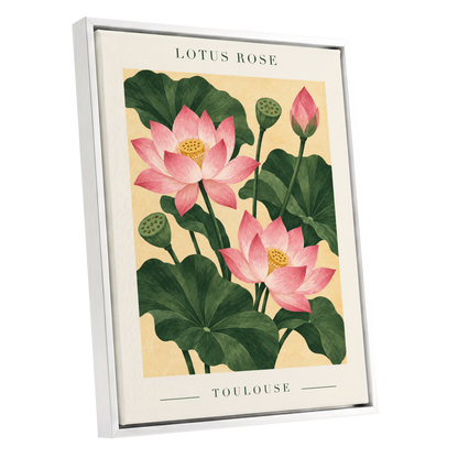 Lotus in Blush, pink, green, beige floral wall art shown as a white framed canvas wall art