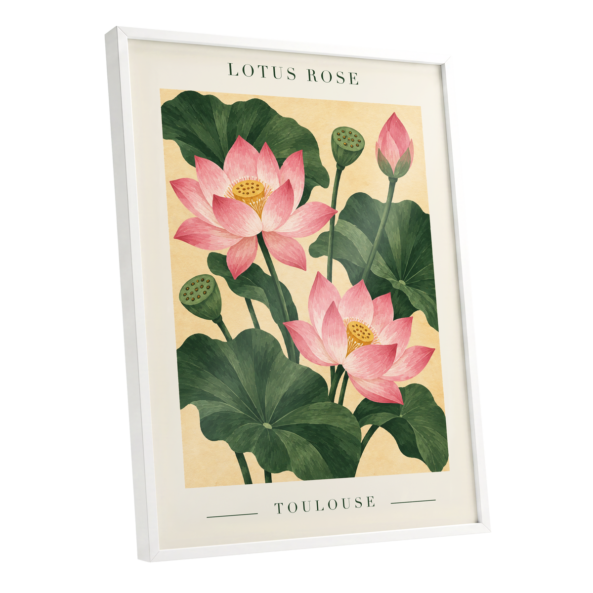 Lotus in Blush, pink, green, beige floral wall art shown as a white framed poster wall art print