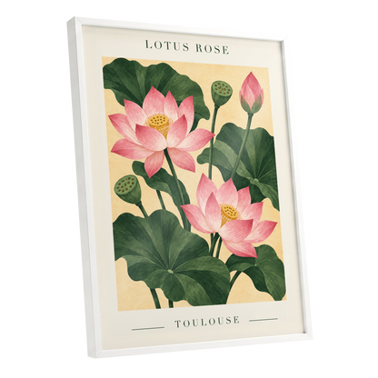 Lotus in Blush, pink, green, beige floral wall art shown as a white framed poster wall art print