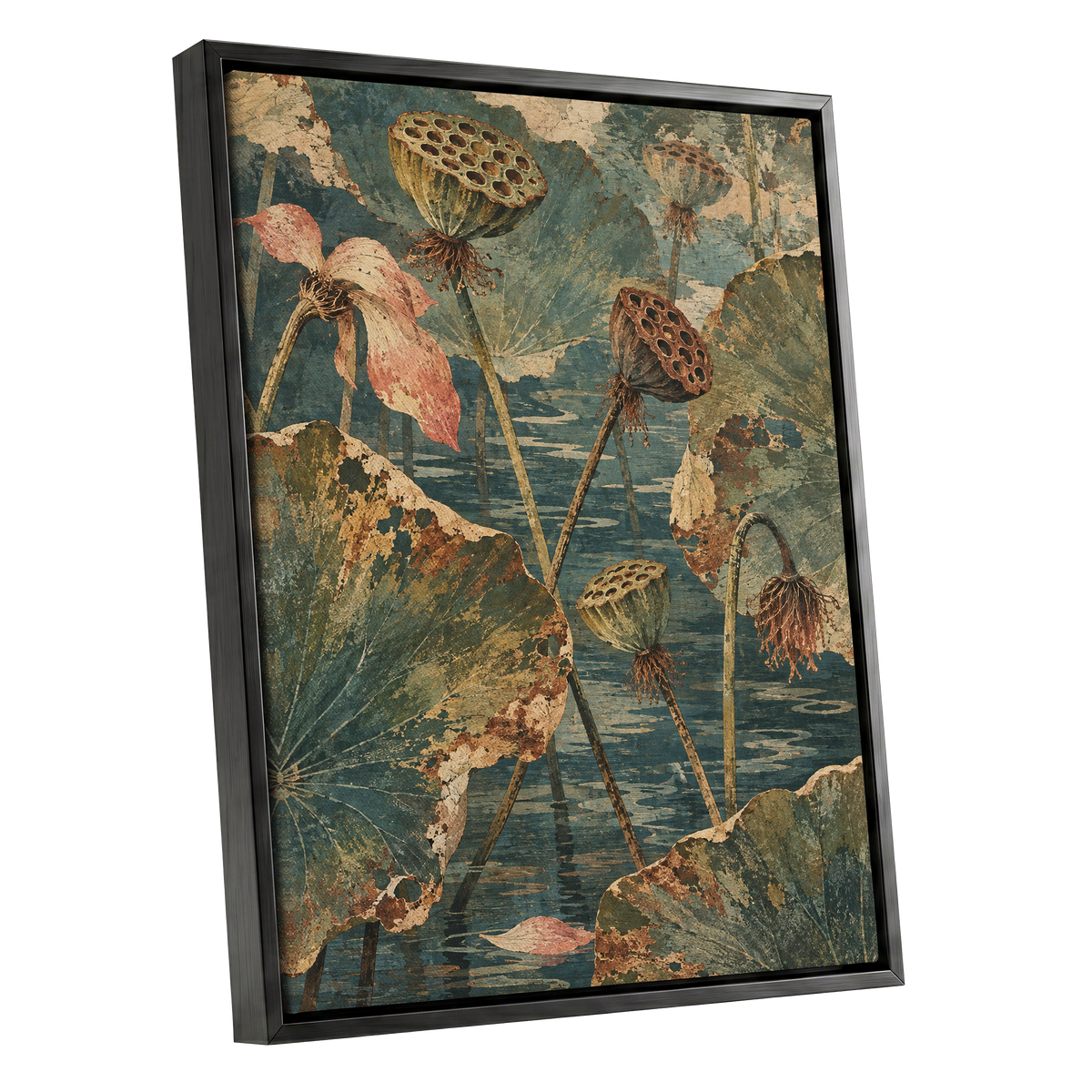 Lotus Pond Patina, green, blue, beige nature wall art shown as a black framed canvas wall art