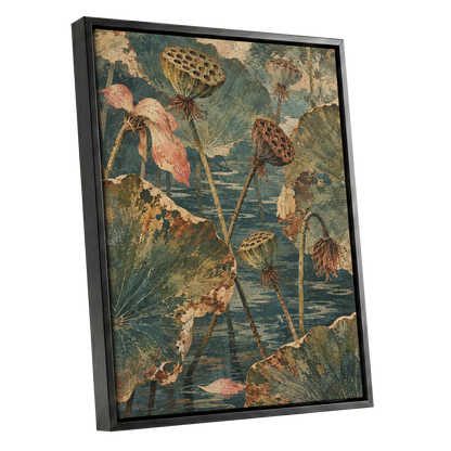 Lotus Pond Patina, green, blue, beige nature wall art shown as a black framed canvas wall art